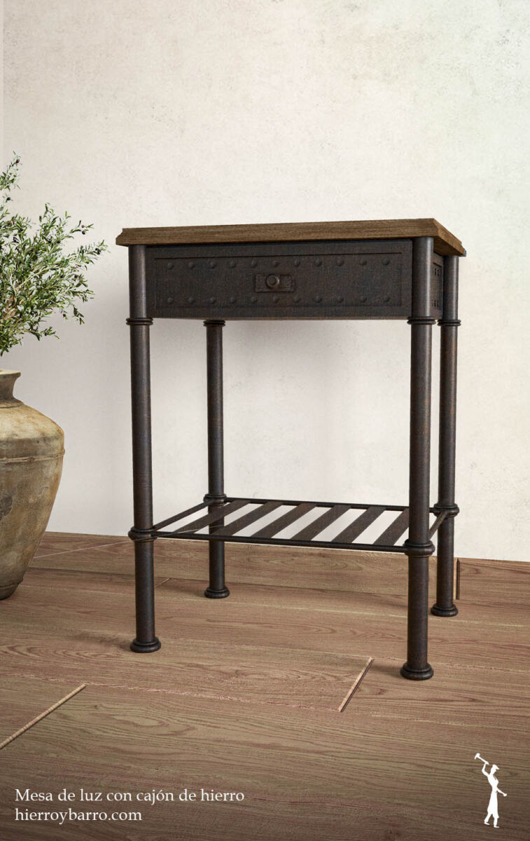 Mesa de luz con cajón de hierro y tapa de madera